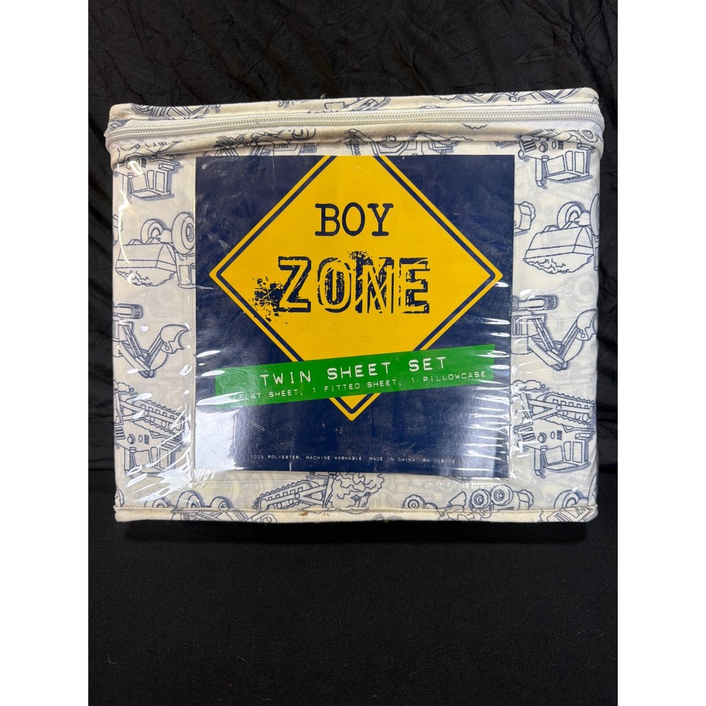 Boy Zone Twin Sheet Set Construction Vehicles Blue White 3 Piece Bedding NEW